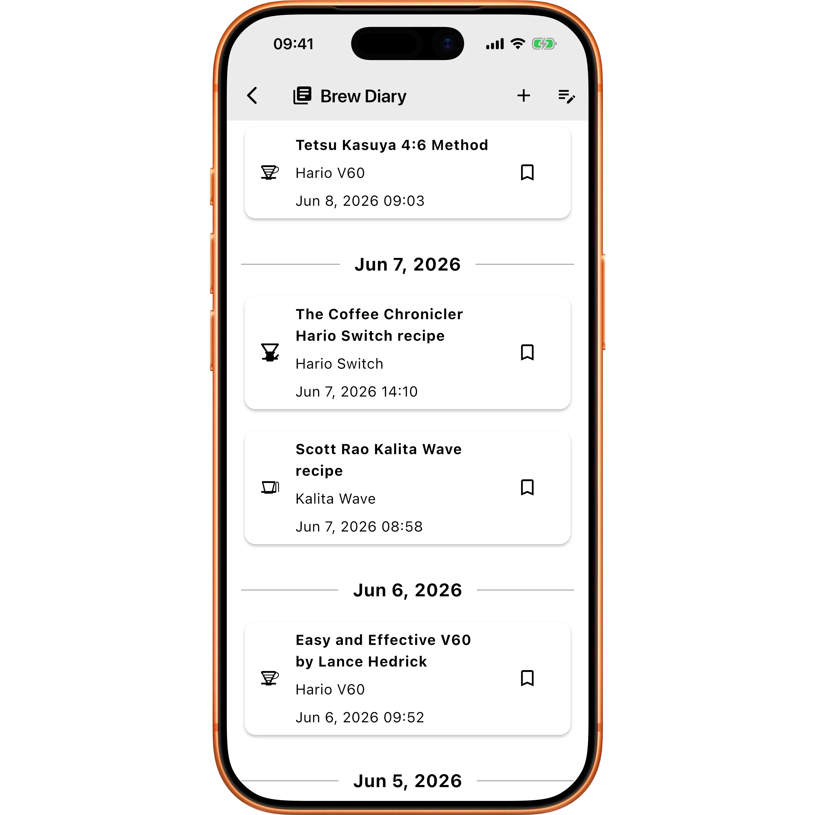 Timer.Coffee brew journal listing logged brews