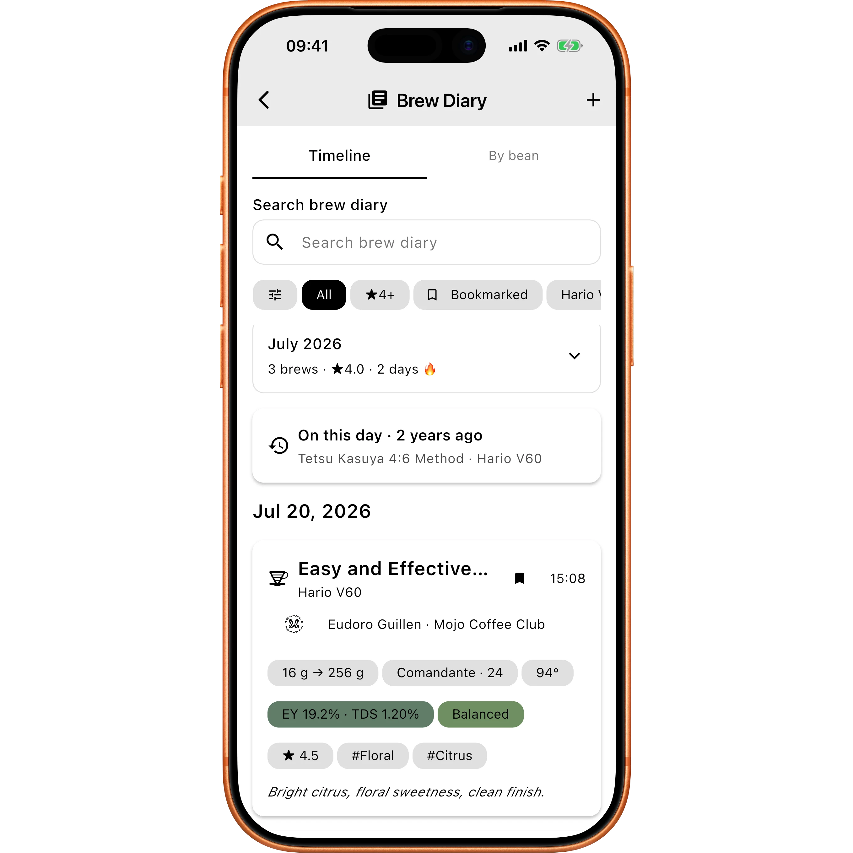Timer.Coffee brew diary timeline showing search, filter chips, a monthly summary and a logged brew with dose, grind, extraction and tasting tags