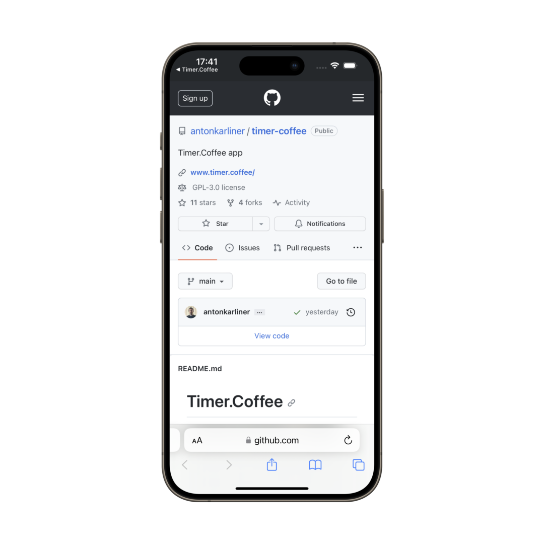 Screenshot of Github page of Timer.Coffee app